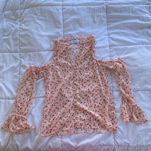 L’Academie Floral Off-the-Shoulder Button-Down Top